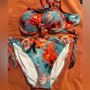RELLECIGA Turquoise and Coral Floral Bikini Top